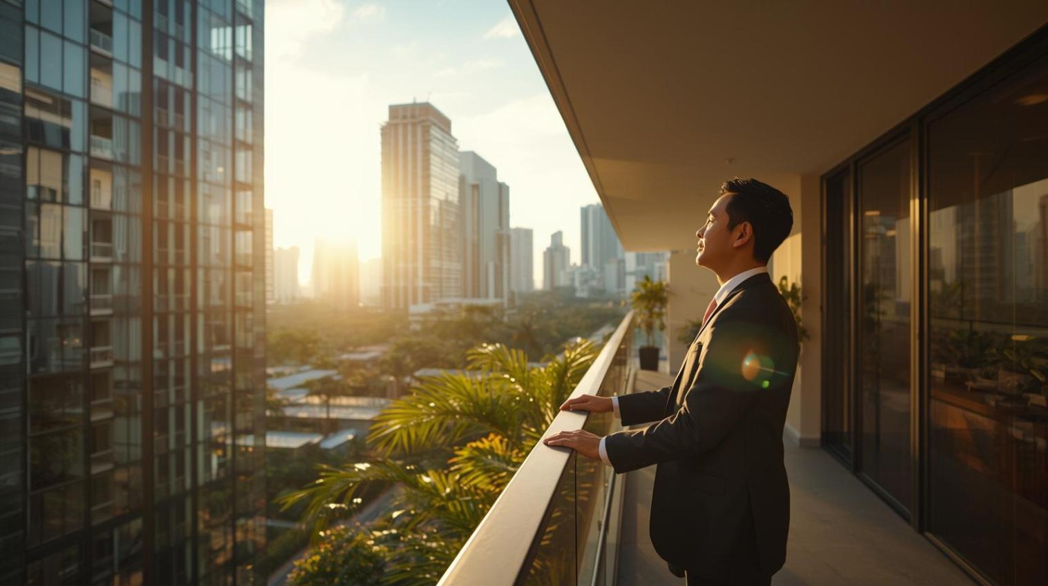 Professional overlooking modern Singapore condo greenery symbolizing lifestyle comfort and long-term financial confidence.