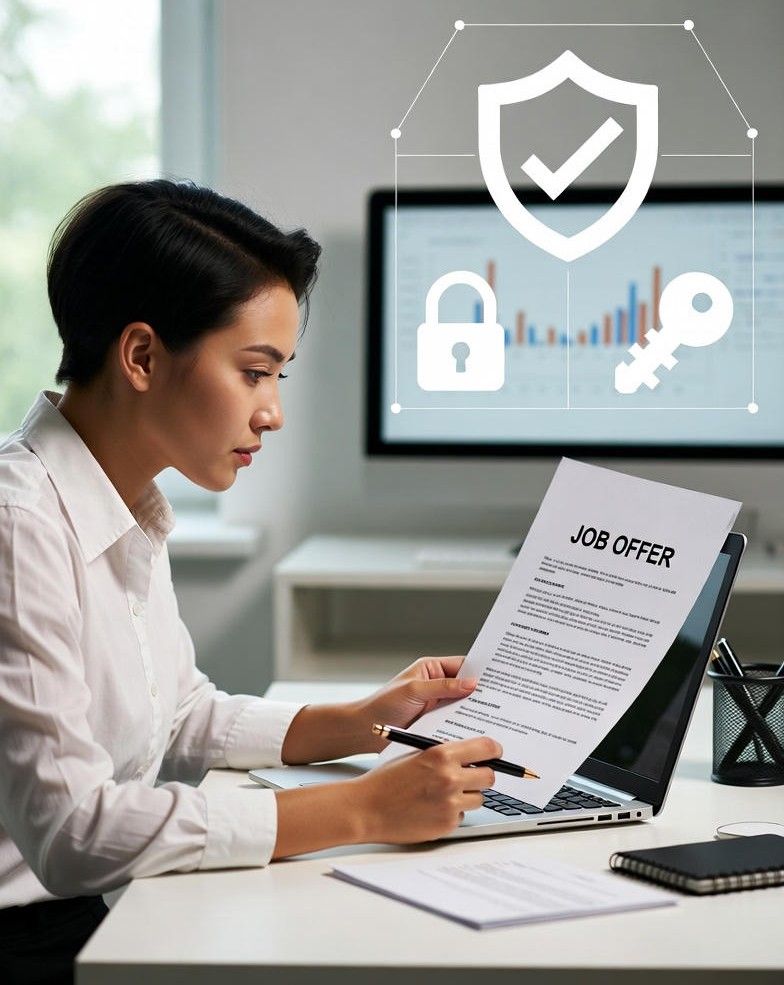 reviewing a job offer on a laptop