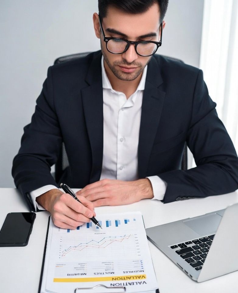 investor analyzing charts with valuation metrics highlighted